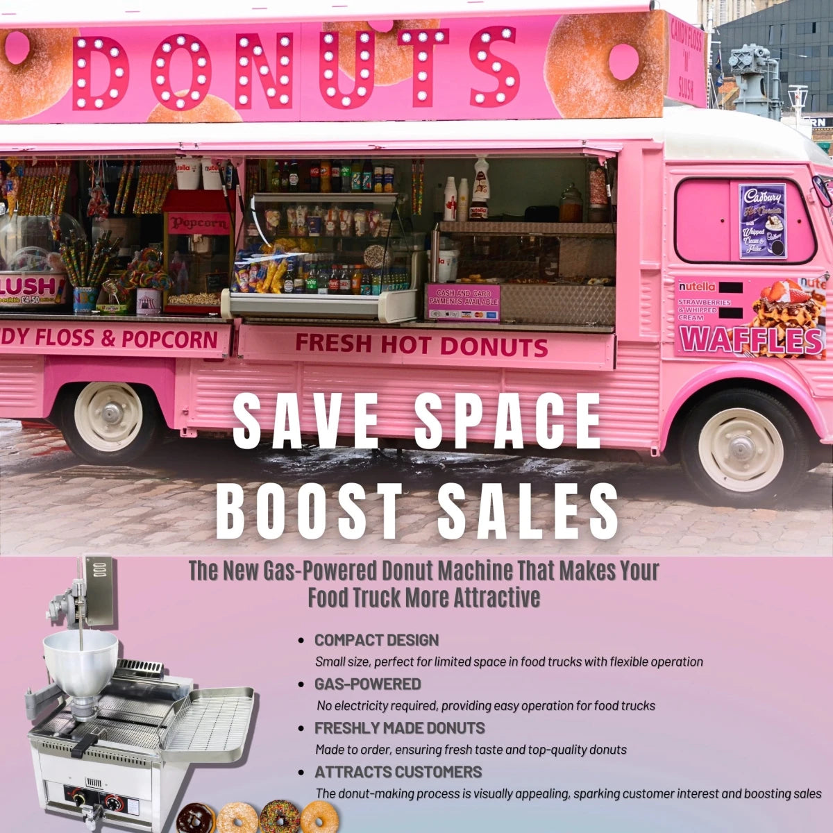 The Tenshine T-102SRQ gas donut maker machine operating seamlessly in a mobile food truck setup, utilizing a low 50W electrical draw and standard propane.