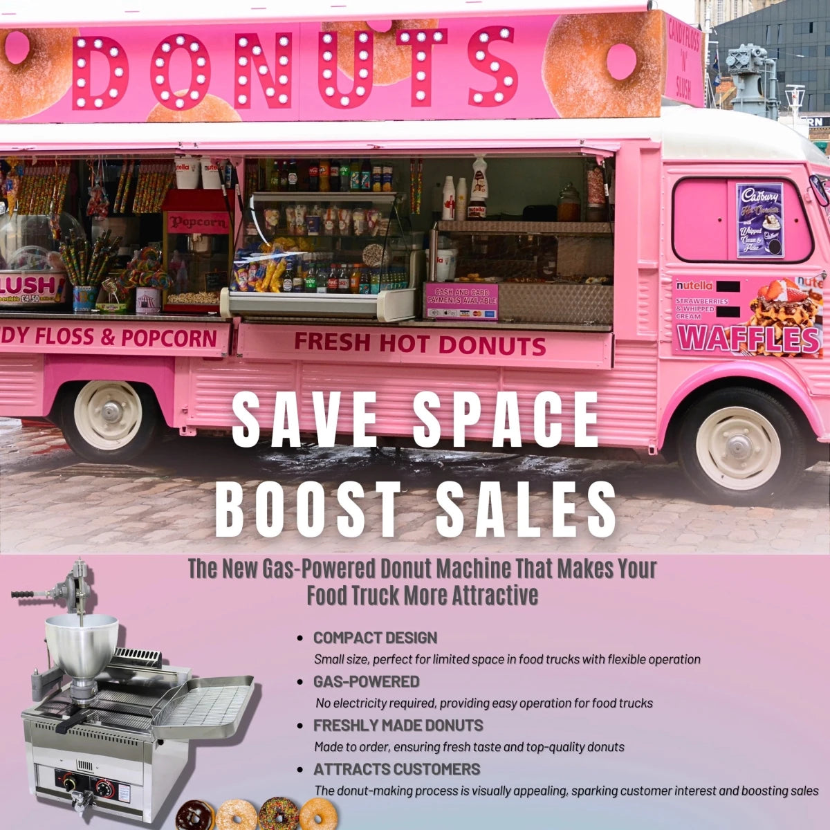 Perfect for mobile businesses, this off-grid gas donut maker fits compactly in food trucks, drawing zero electricity while processing 15 pcs per tank.