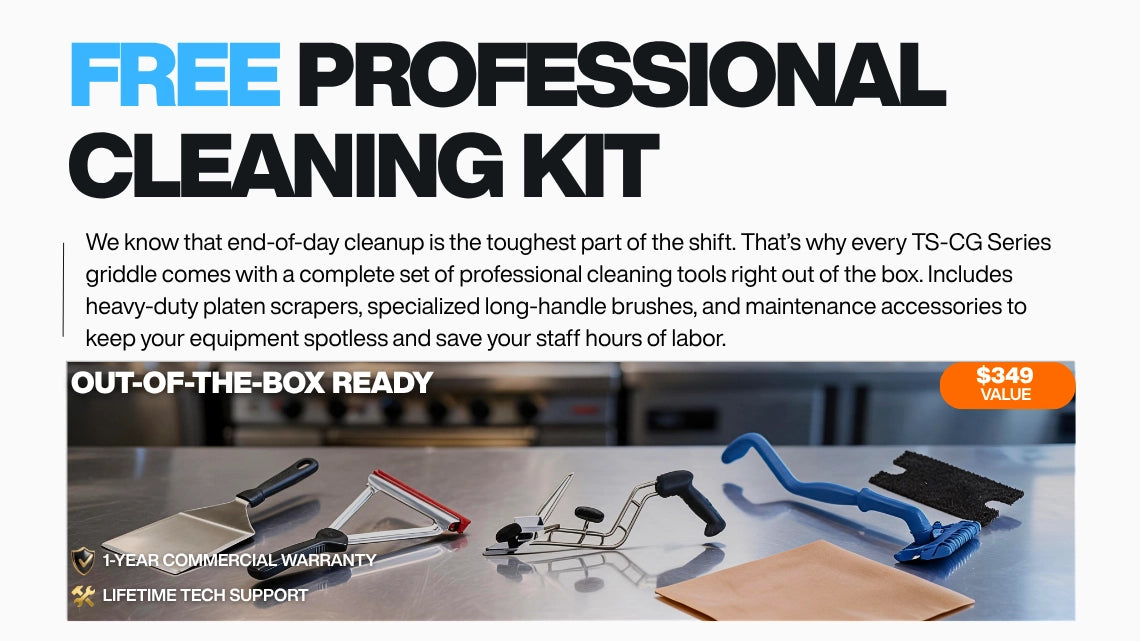 Free $299 value professional cleaner kit for commercial contact grill and flat top grill, featuring teflon sheets, polishing pads, and grill scraper.