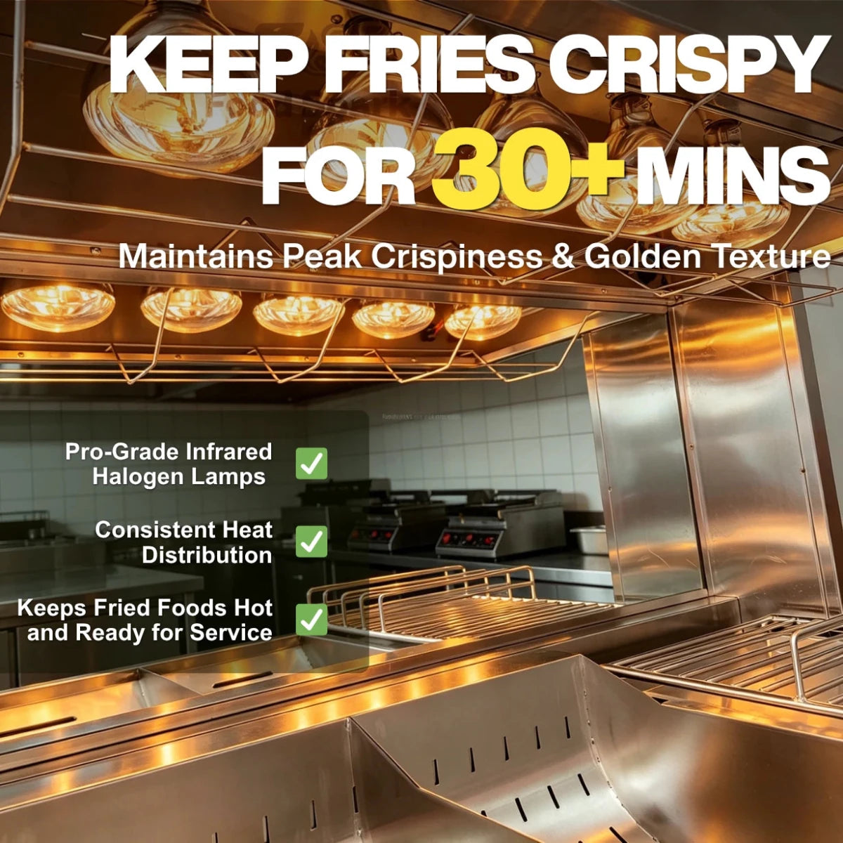 High-intensity overhead infrared halogen lamps on the TS-FDS10 french fry dump station, maintaining peak crispiness and golden texture.