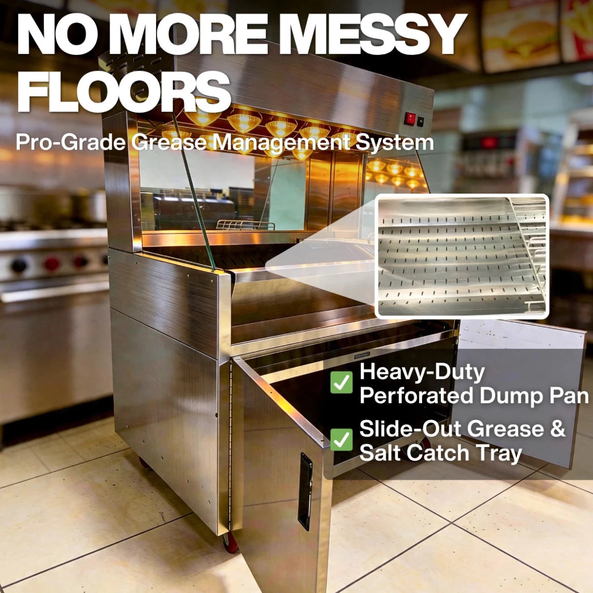 Pro-grade grease management system on the TS-FDS10 fry dump station, featuring a heavy-duty perforated dump pan and slide-out catch tray.