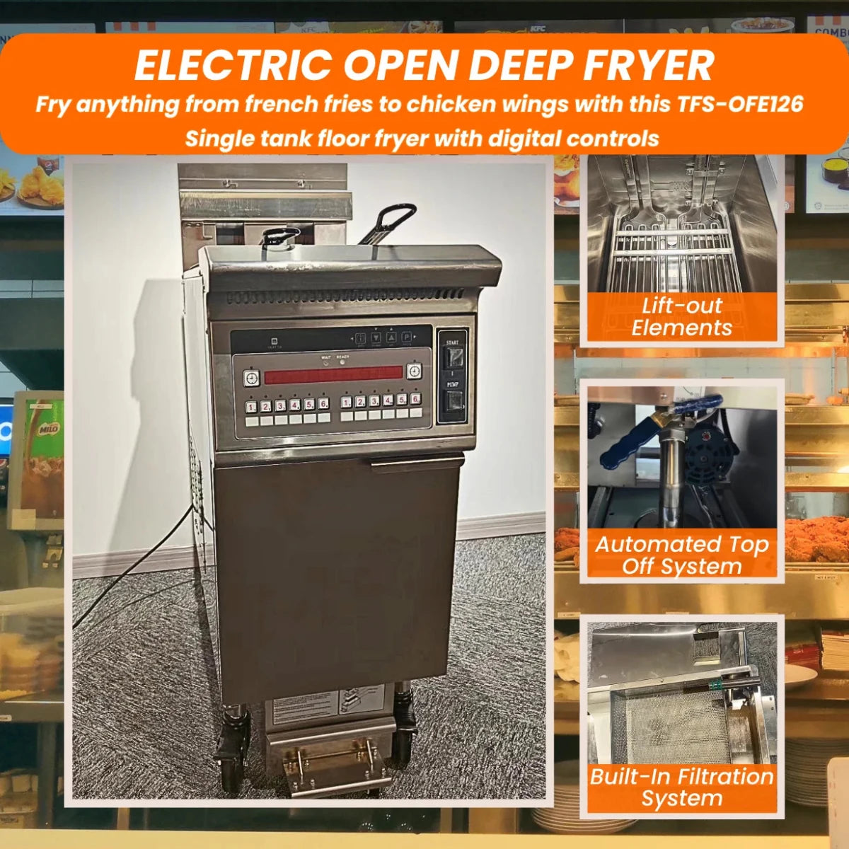 Infographic showing the cost-saving benefits of the built-in automatic oil filtration system in the commercial fryer.