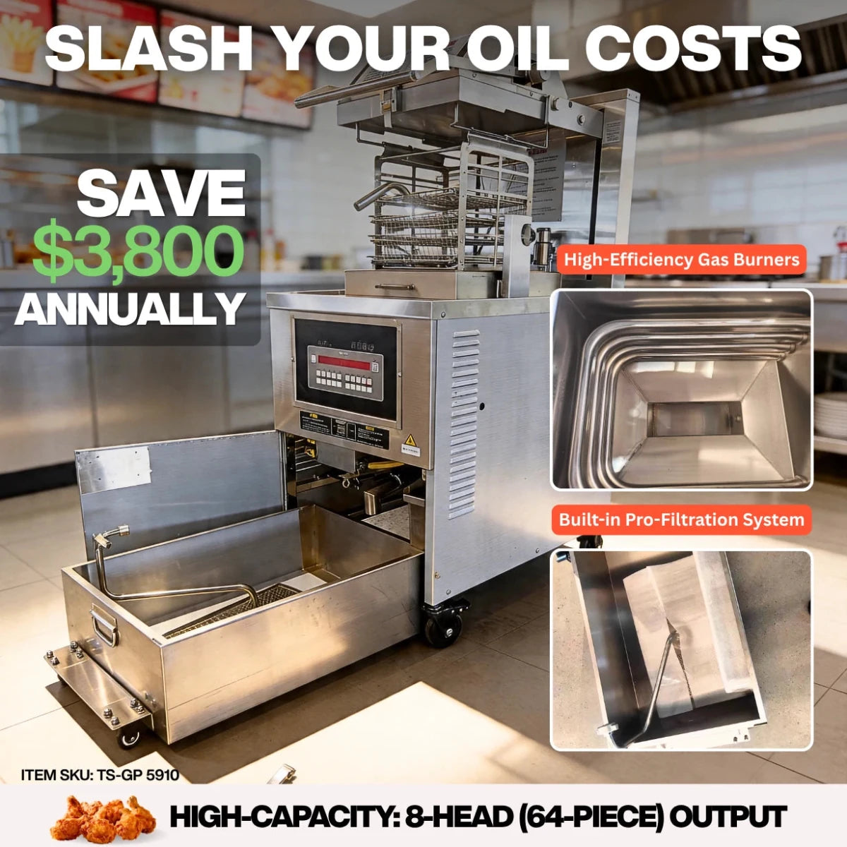 Slash oil costs and save $3,800 annually with the Tenshine TS-GP5910 gas pressure fryer, featuring high-efficiency gas burners.