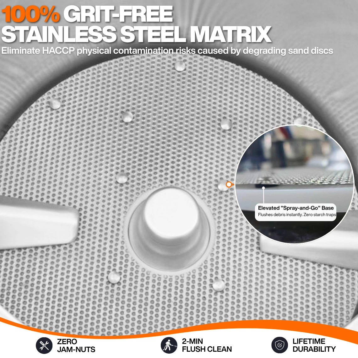 100% grit-free stainless steel peeling matrix inside the Tenshine commercial potato peeler, designed to eliminate HACCP physical contamination.