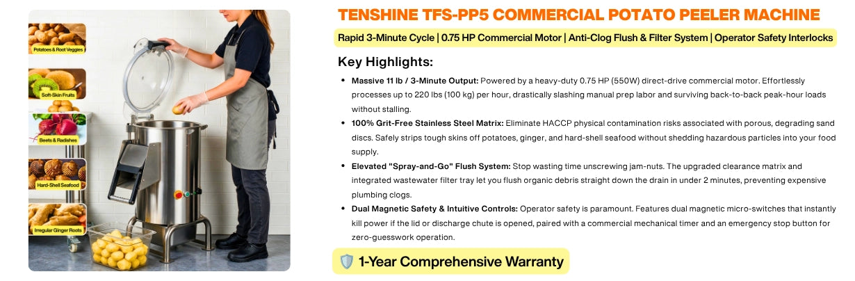 Key highlights of the HACCP compliant electric veg peeler featuring magnetic safety switches and 3-minute rapid cycle.