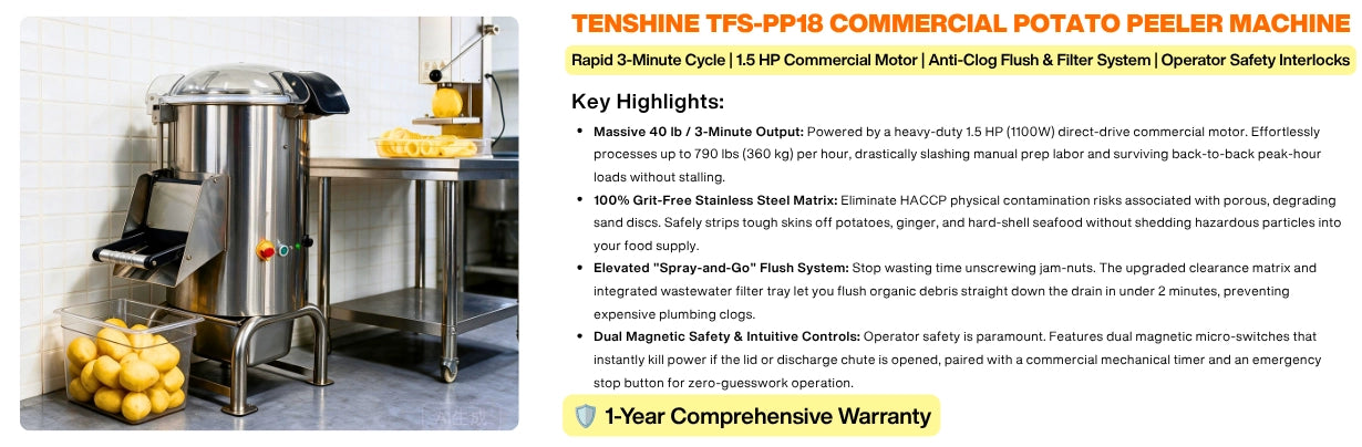 Key highlights of the Tenshine HACCP compliant potato peeler, featuring a 40 lb rapid output, grit-free matrix, and an elevated spray-and-go flush system.