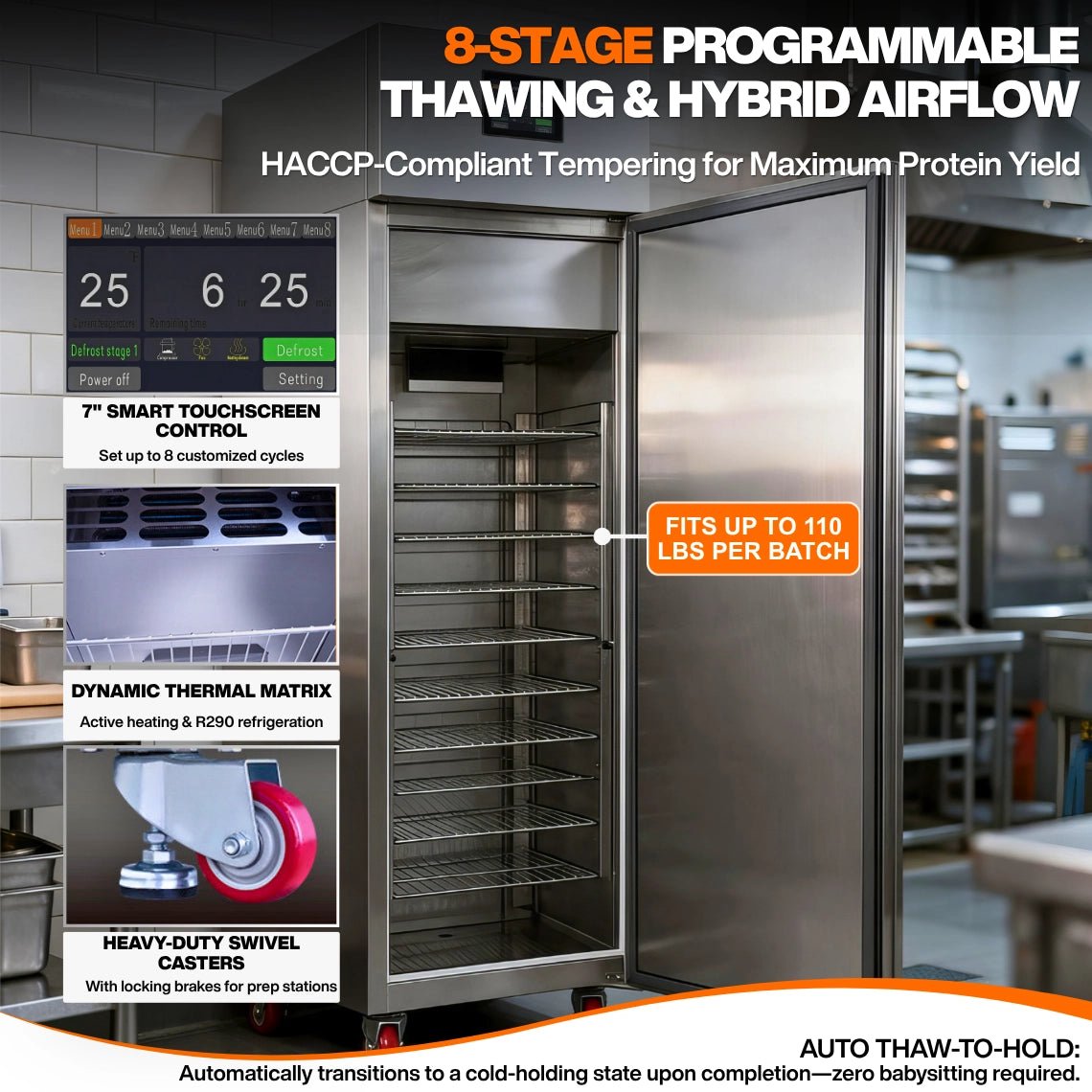 HACCP-compliant commercial thawing equipment displaying 8-stage programmable hybrid airflow and heavy-duty swivel casters for restaurant prep stations.