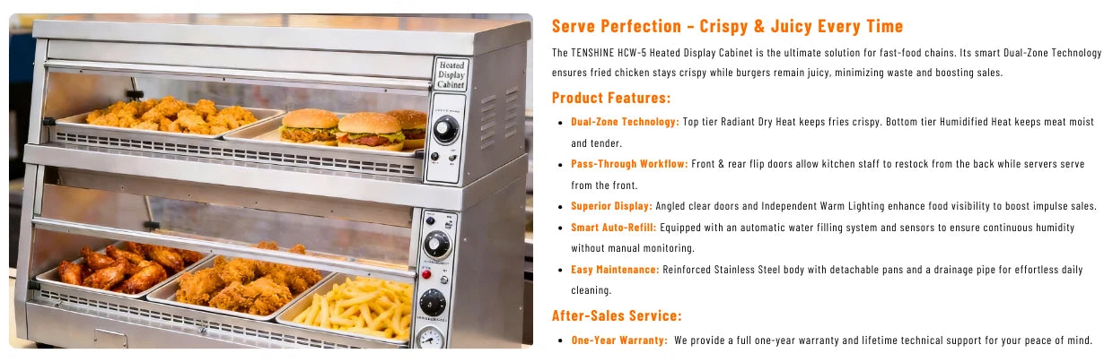 Infographic highlighting features of HCW-5 heated display cabinet: Dual-zone heat, pass-through design, auto-refill, and stainless steel build.