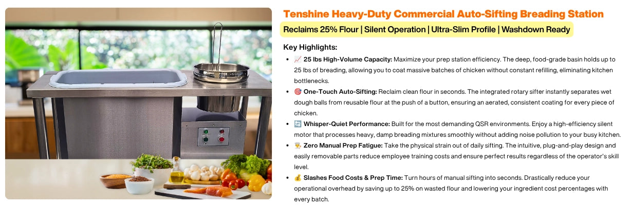 Key highlights of the Tenshine heavy-duty commercial auto-sifting breading station, emphasizing zero manual prep fatigue and 25 percent reclaimed flour savings.