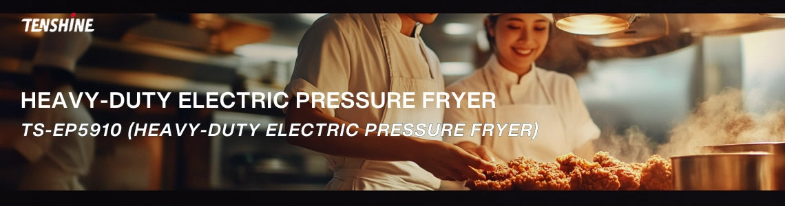 Chefs operating the heavy-duty Tenshine TS-EP-5910 commercial chicken pressure fryer in a professional kitchen