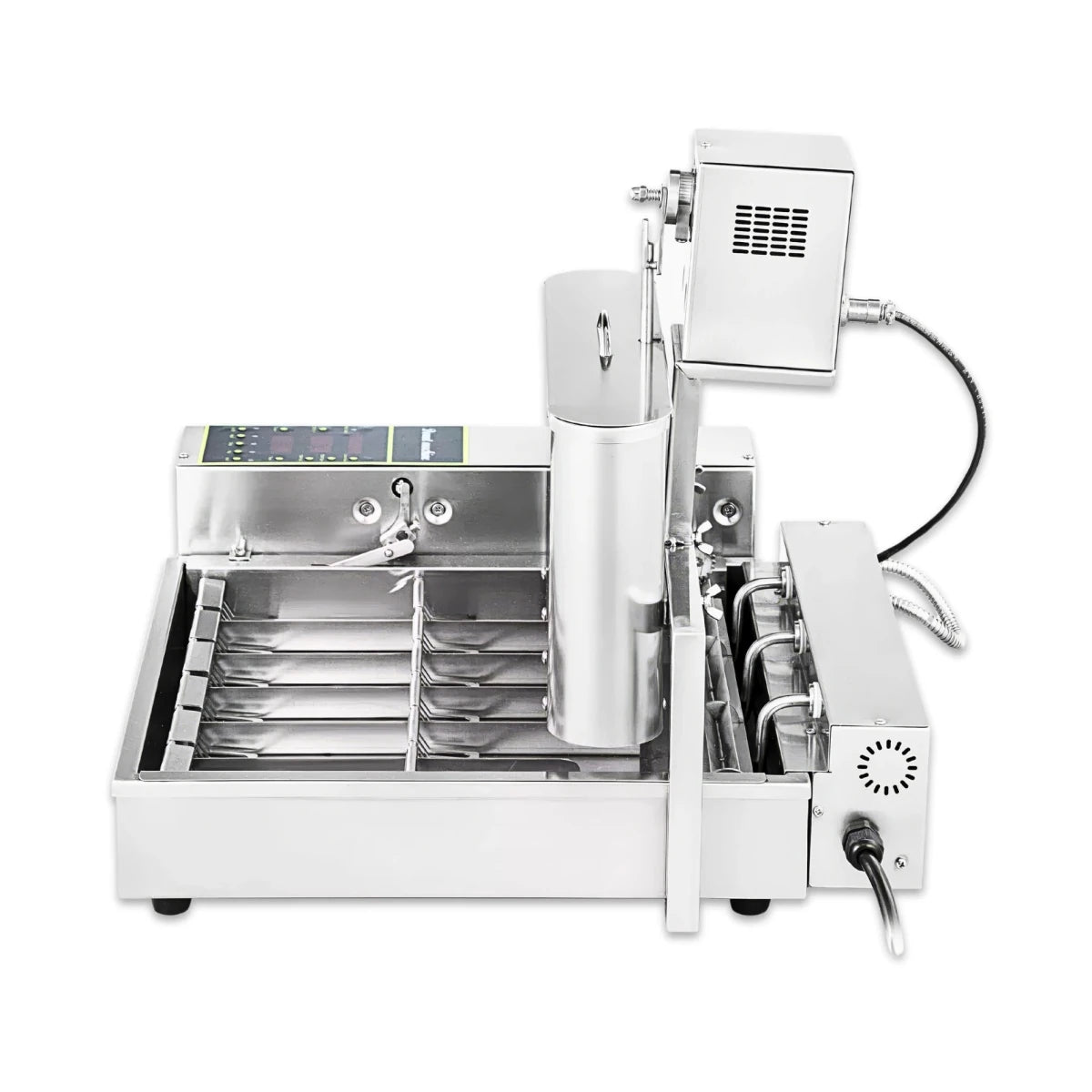 Rear view of the heavy-duty commercial donut maker machine displaying the industrial motor and heating components
