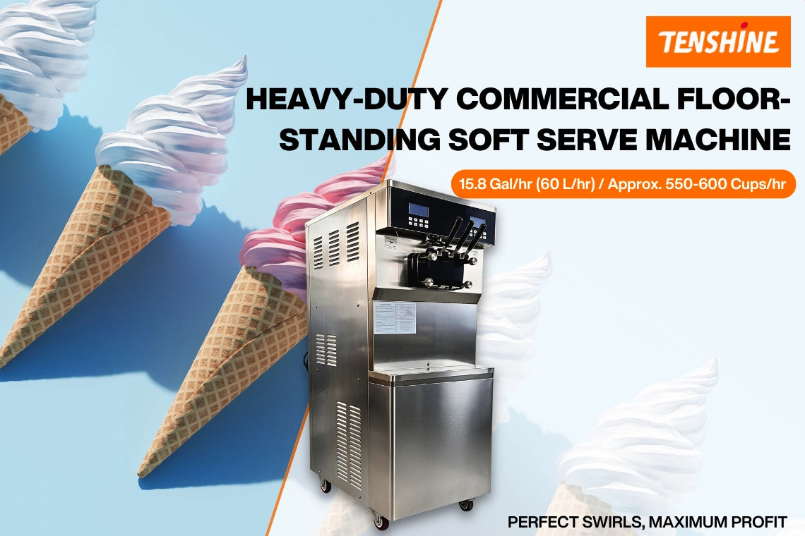 Heavy-duty commercial floor-standing soft serve machine model 960 offering 15.8 Gal/Hr output for perfect swirls and maximum profit.