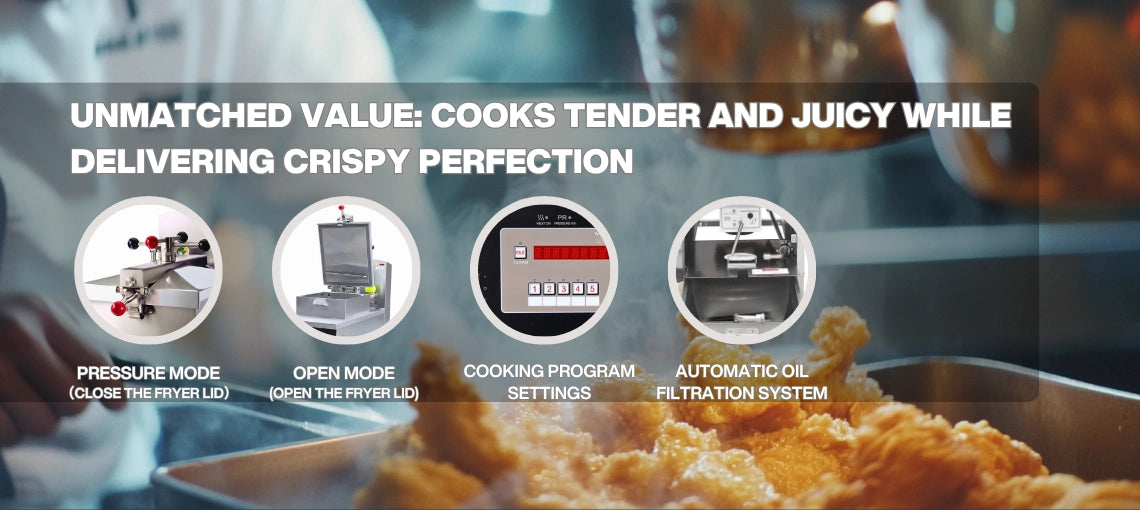Detailed breakdown of the heavy-duty commercial gas deep fryer features, including the curved heating vat, deep cold zone, and reinforced lid lock.