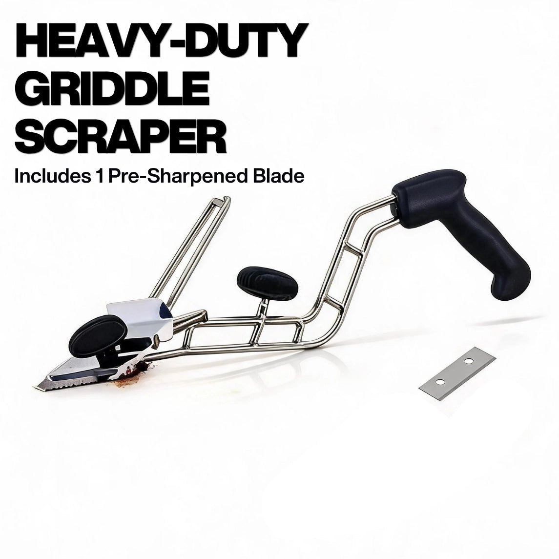 Heavy-duty commercial griddle scraper tool with pre-sharpened blade, the ultimate flat top grill cleaner.