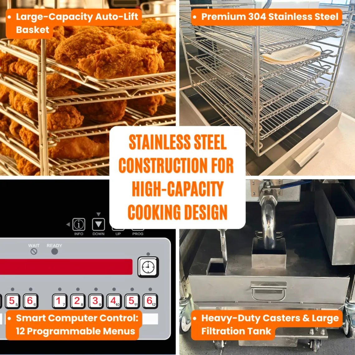 Detailed view of the Tenshine TS-GF5910 large capacity auto-lift basket, premium 304 stainless steel construction, and heavy-duty casters.