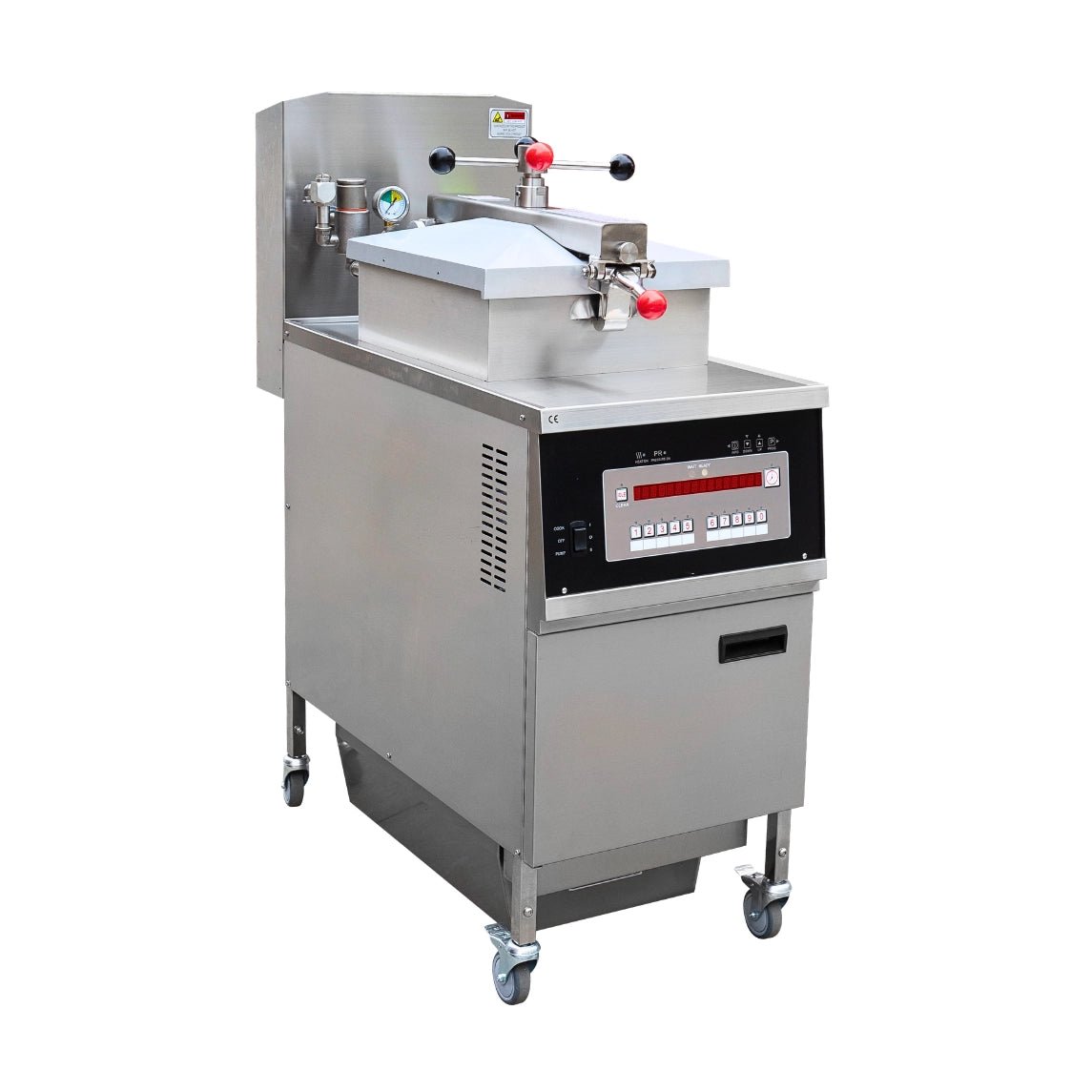 A heavy-duty Tenshine commercial pressure deep fryer on wheels, designed for high-volume chicken frying in restaurants.
