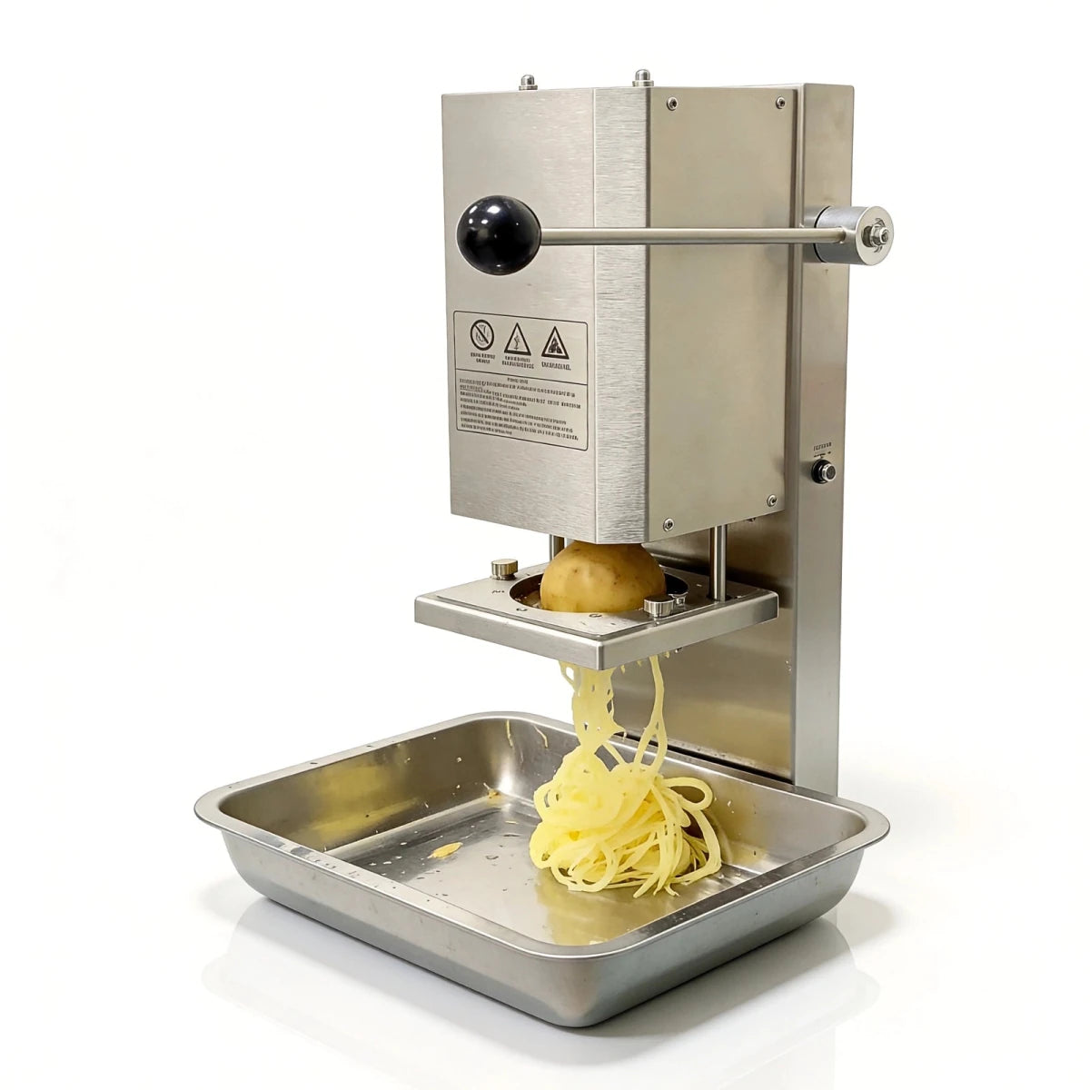 Heavy-duty stainless steel commercial spiral potato cutter utilizing a 2mm fine julienne blade to produce continuous shoestring potato strands into a prep pan.
