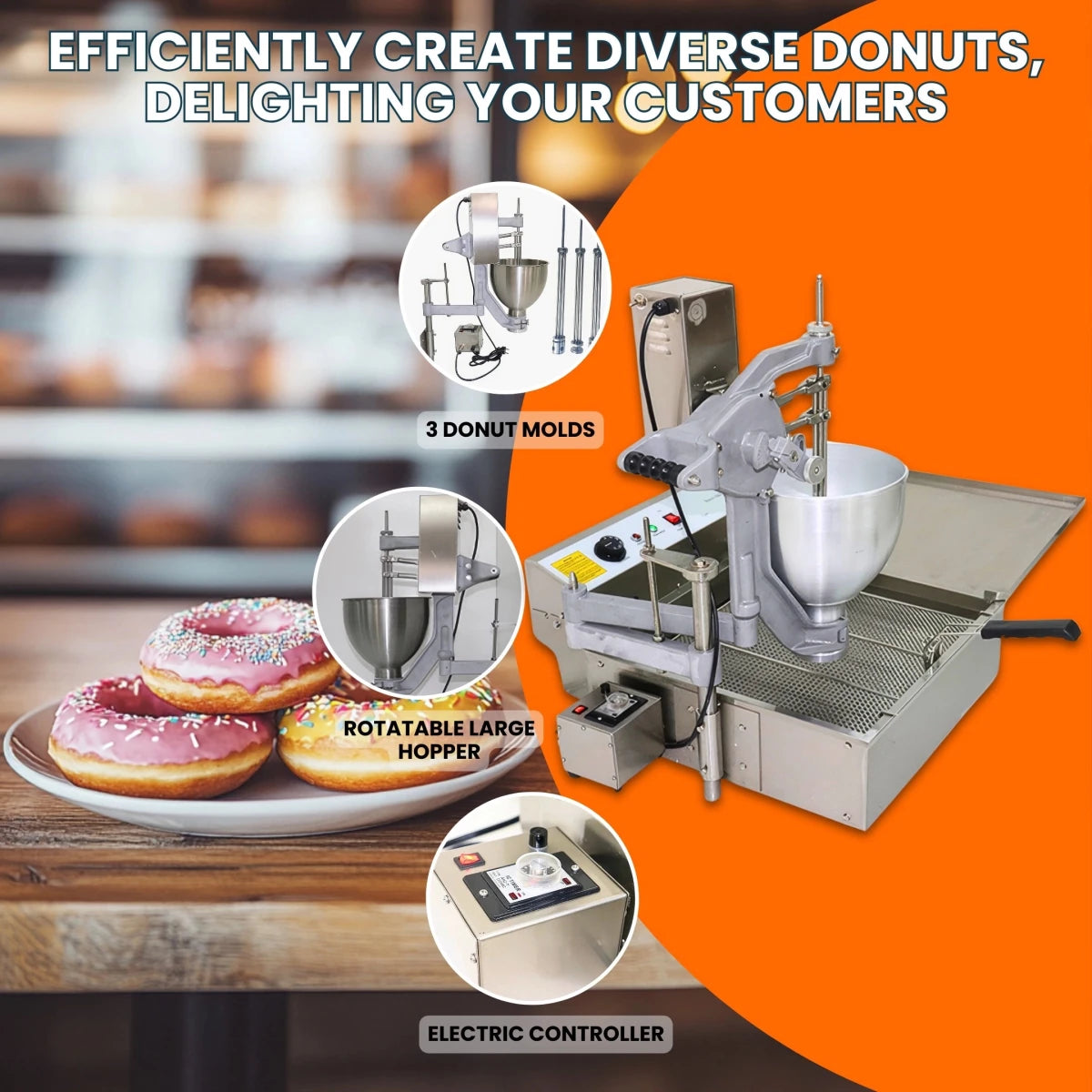 Core performance features of the heavy-duty donut maker, emphasizing its 3050W rapid heat recovery, automated temperature control, and high-yield pastry production capabilities.