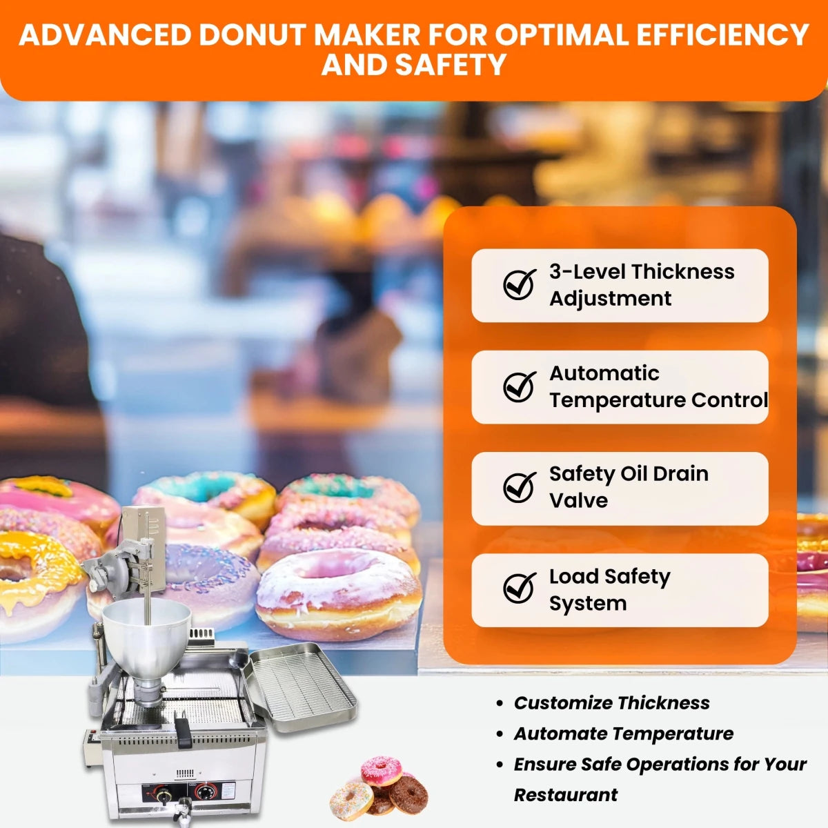 Summary of value points for the heavy-duty donut maker machine, emphasizing absolute portion control and reduced prep labor hours in the kitchen