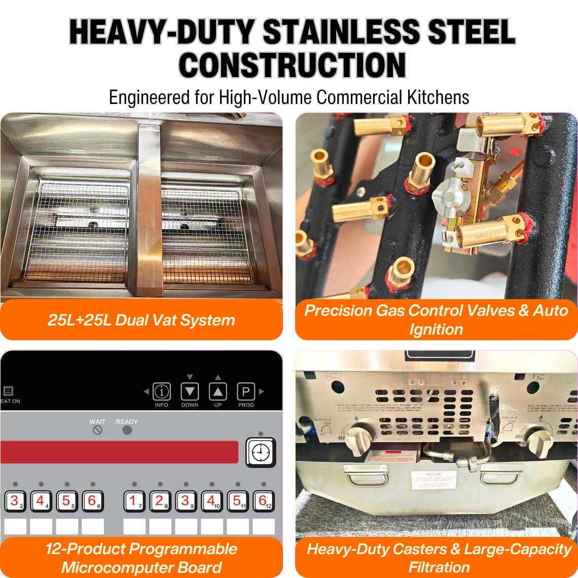 Heavy-duty stainless steel construction of the 25L+25L double gas fryer, engineered for high-volume commercial kitchens.