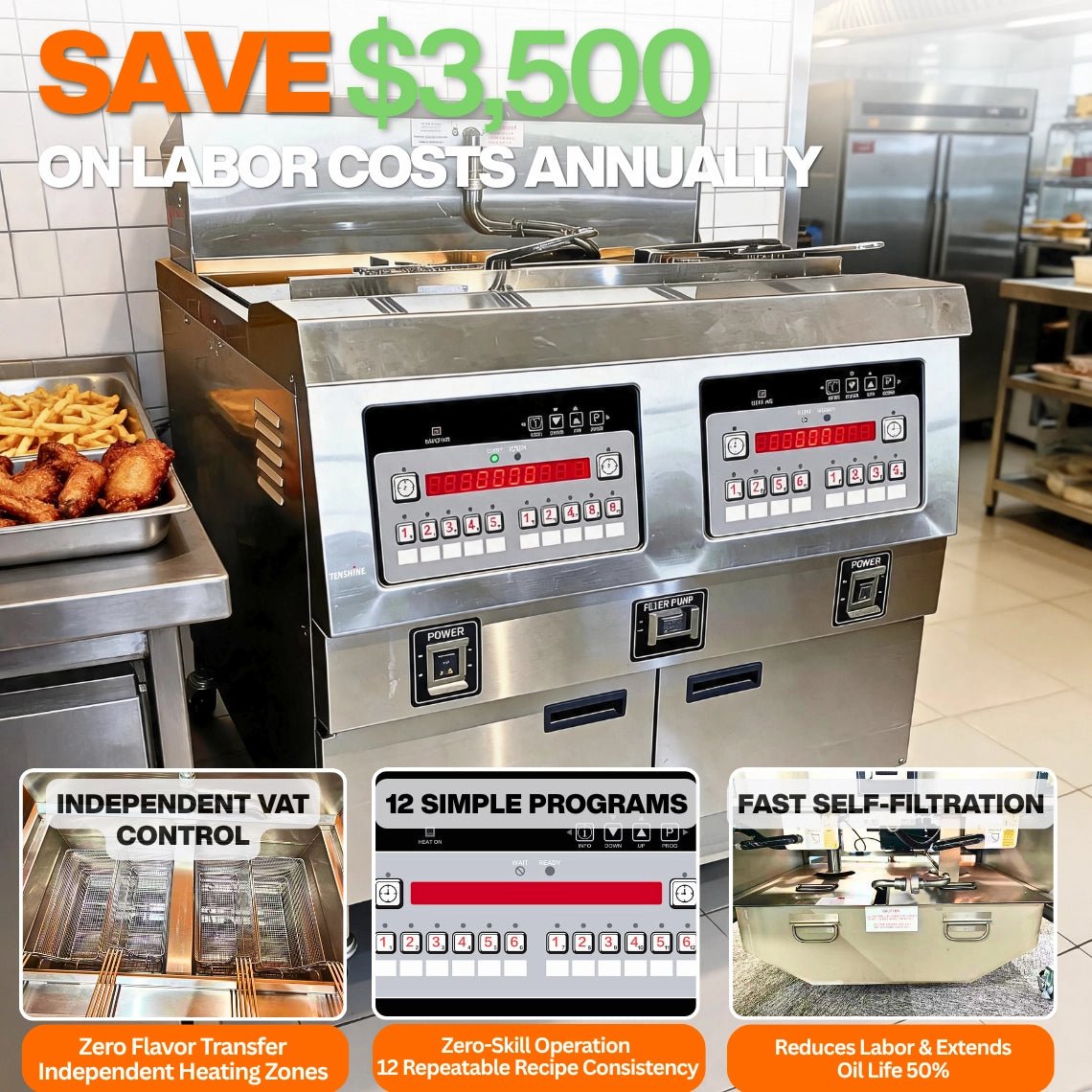 Tenshine TS-EF322 heavy duty electric fryer showing independent vat control and filtration to save labor costs.