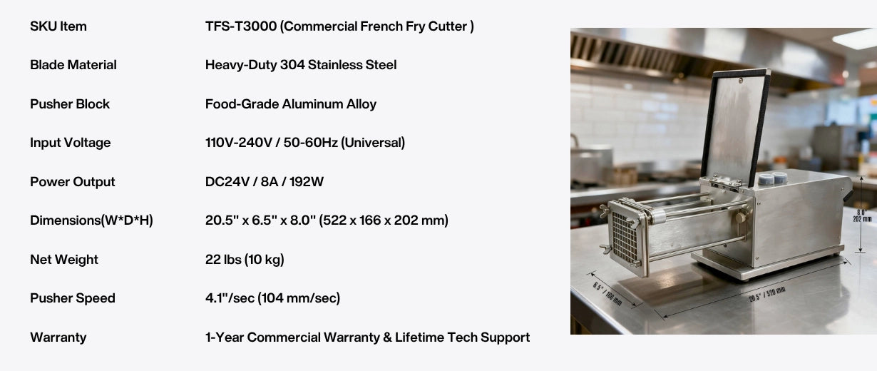 Detailed dimensions and 192W power output specifications of the heavy duty french fry cutter designed for compact commercial kitchens.