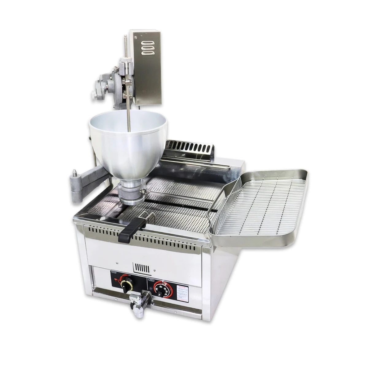 Clean front view of the Tenshine T-102SRQ commercial donut machine, designed to save valuable prep table space with its compact 37.4 by 25.6-inch footprint.