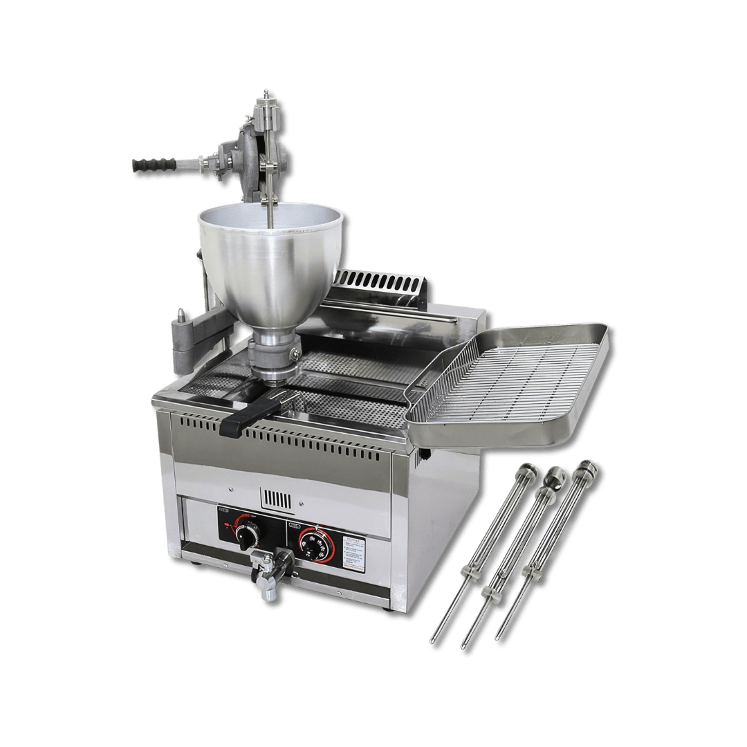 Heavy-duty gas doughnut machine showcasing its main body and 3 interchangeable commercial-grade molds for high-volume bakeries.