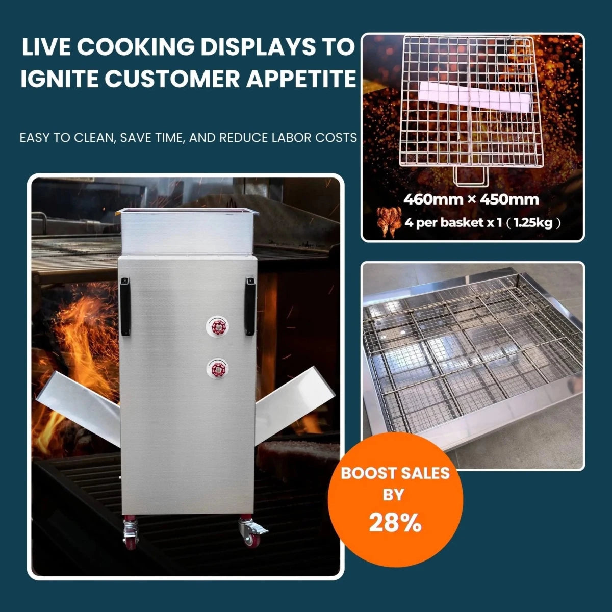 Heavy-duty locking caster wheels on the base of the Tenshine industrial rotisserie oven, ensuring easy mobility for outdoor catering and cleaning.