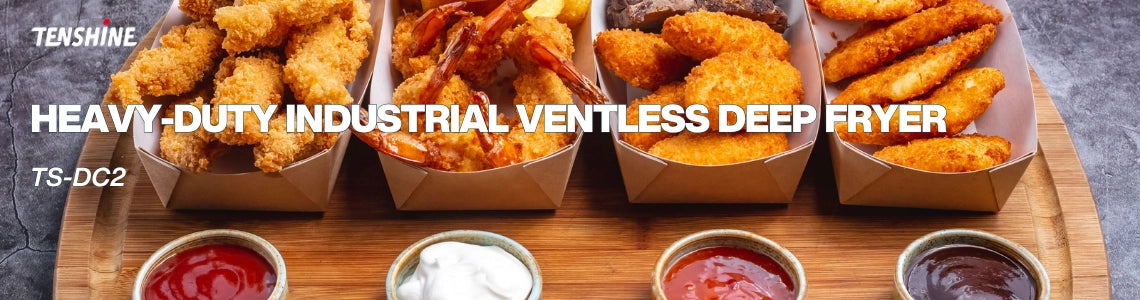 Heavy-duty industrial ventless deep fryer TS-DC2, perfect for high-volume frying of chicken, seafood, and french fries without exhaust hoods.