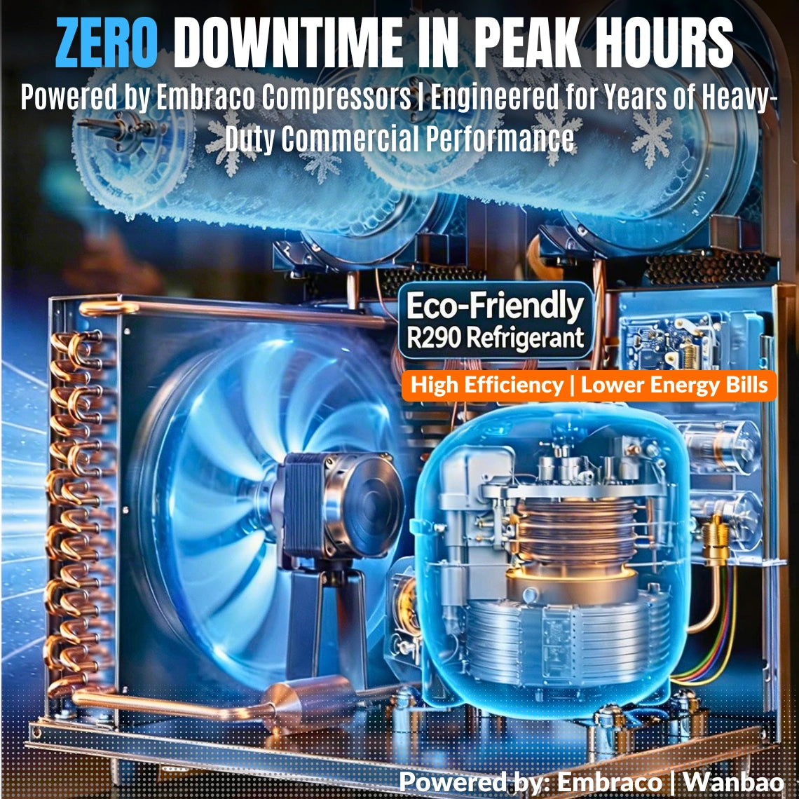 900W Embraco compressor and eco-friendly R290 refrigerant powering a heavy-duty commercial margarita maker.