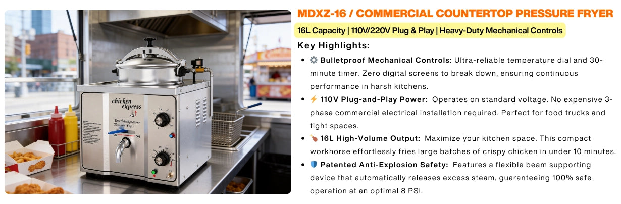 About this item details for the heavy-duty pressure fryer designed perfectly for crispy chicken.