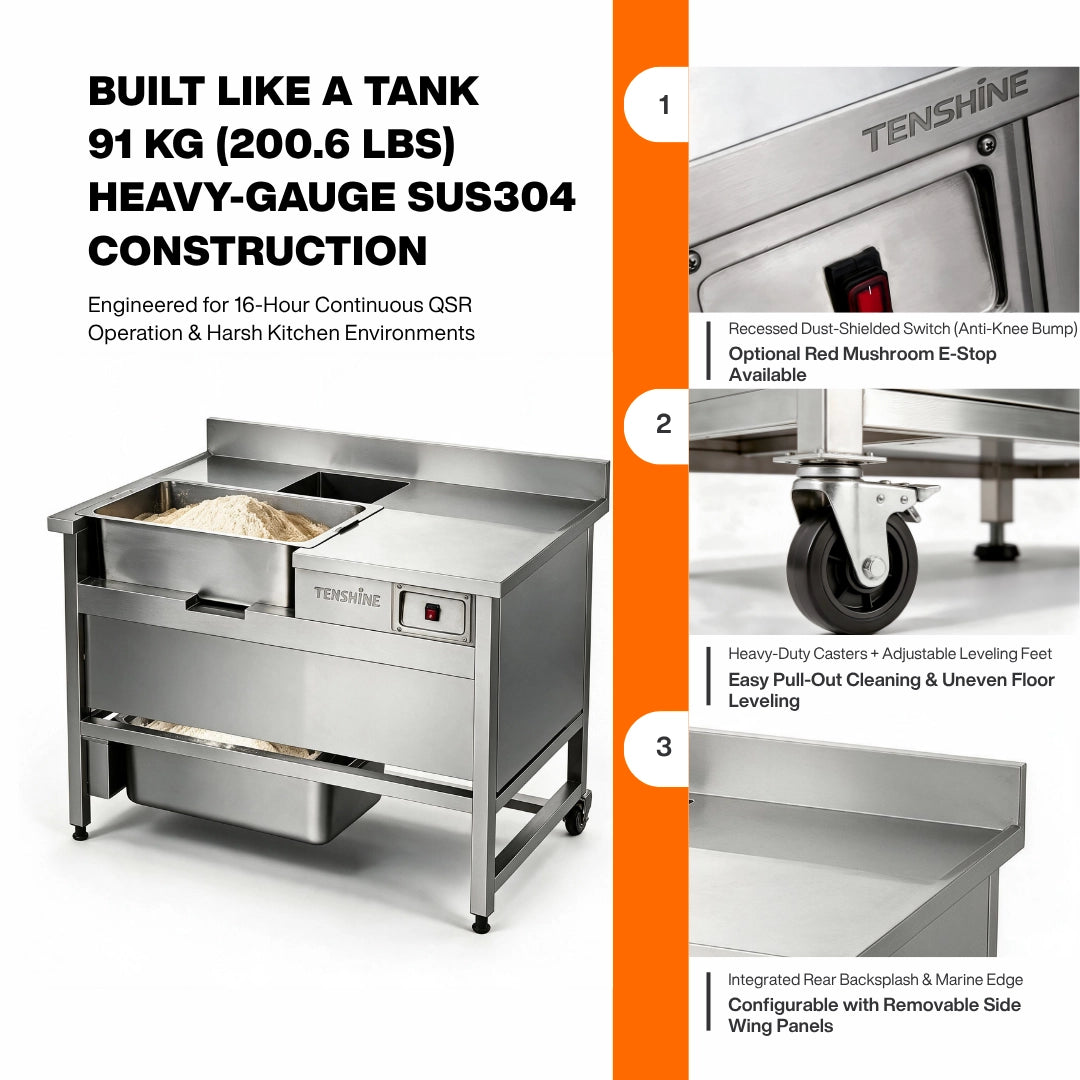 91kg Heavy-Duty Stainless Steel Breading Station Equipment with Locking Casters and Dust-Shielded Switch