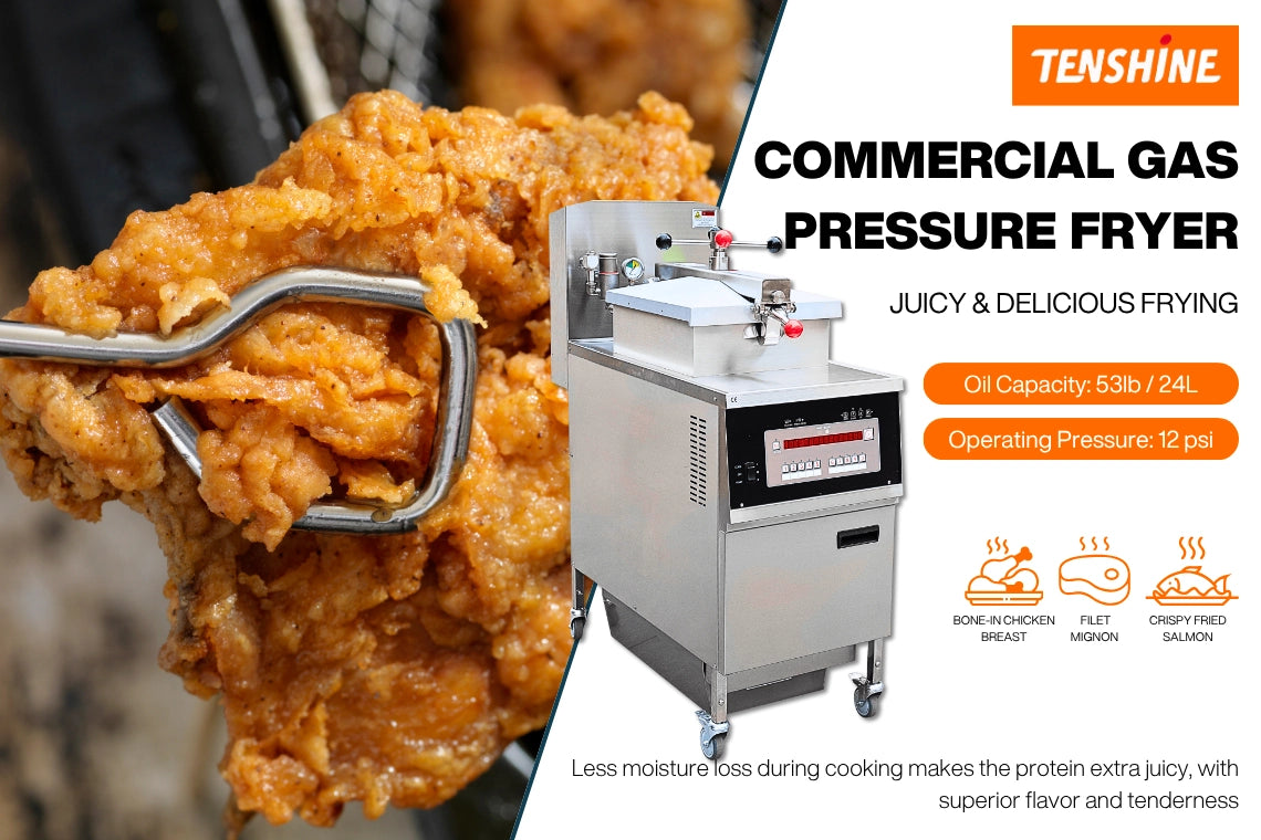 Front perspective of the high-BTU commercial gas pressure fryer, showcasing the durable 304 stainless steel construction and smart digital controls.