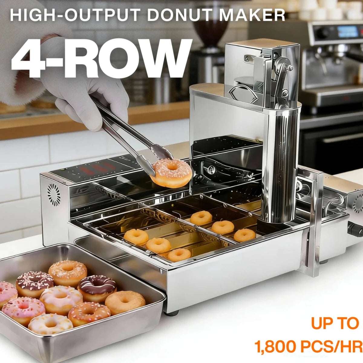 High-capacity 4-row donut robot and fryer machine delivering fast output and consistent golden results