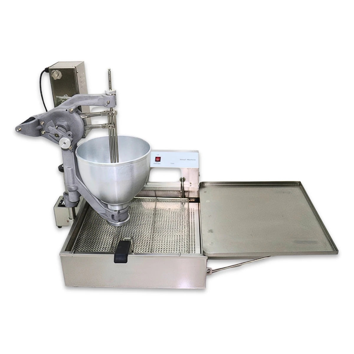 Angled view of the TFS-T102S electric donut machine, featuring a massive 25-piece per tank capacity and a compact 41.3-inch footprint for commercial kitchens.