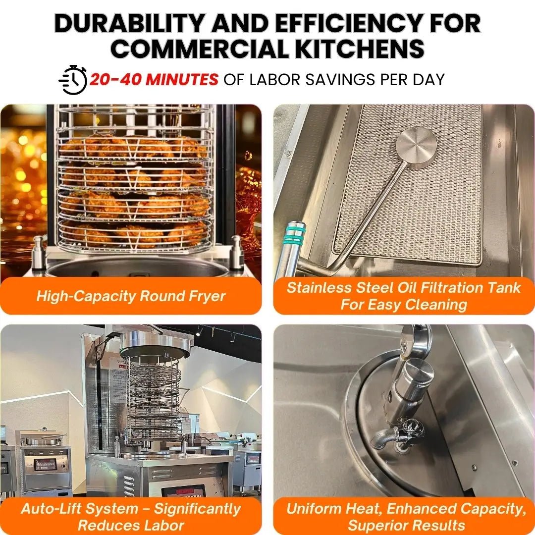 High-capacity round fry pot and auto-lift system on the Tenshine pressure chicken fryer commercial