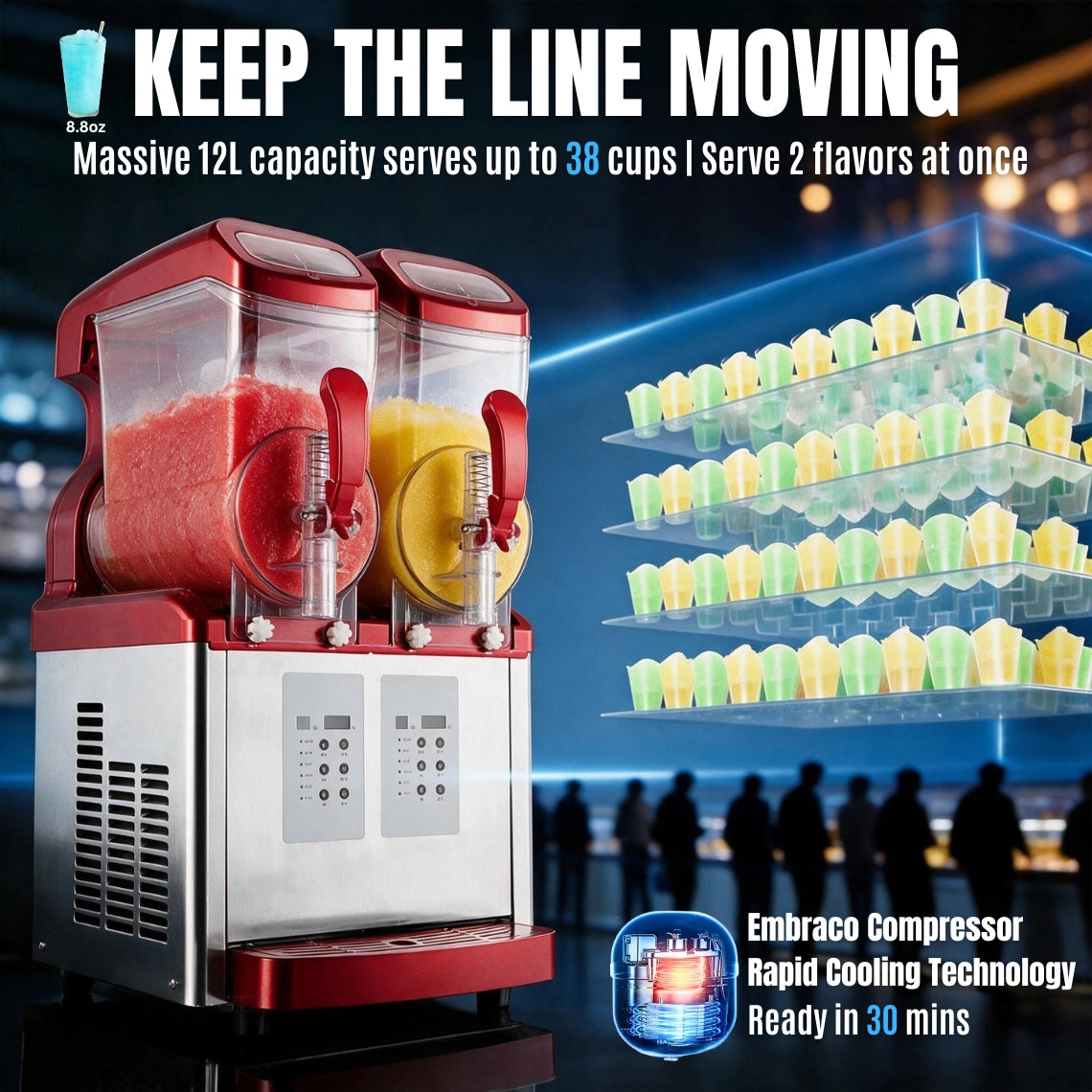 High-yield 3.2 gallon twin bowl commercial slushie machine serving up to 38 cups per batch for summer rush.