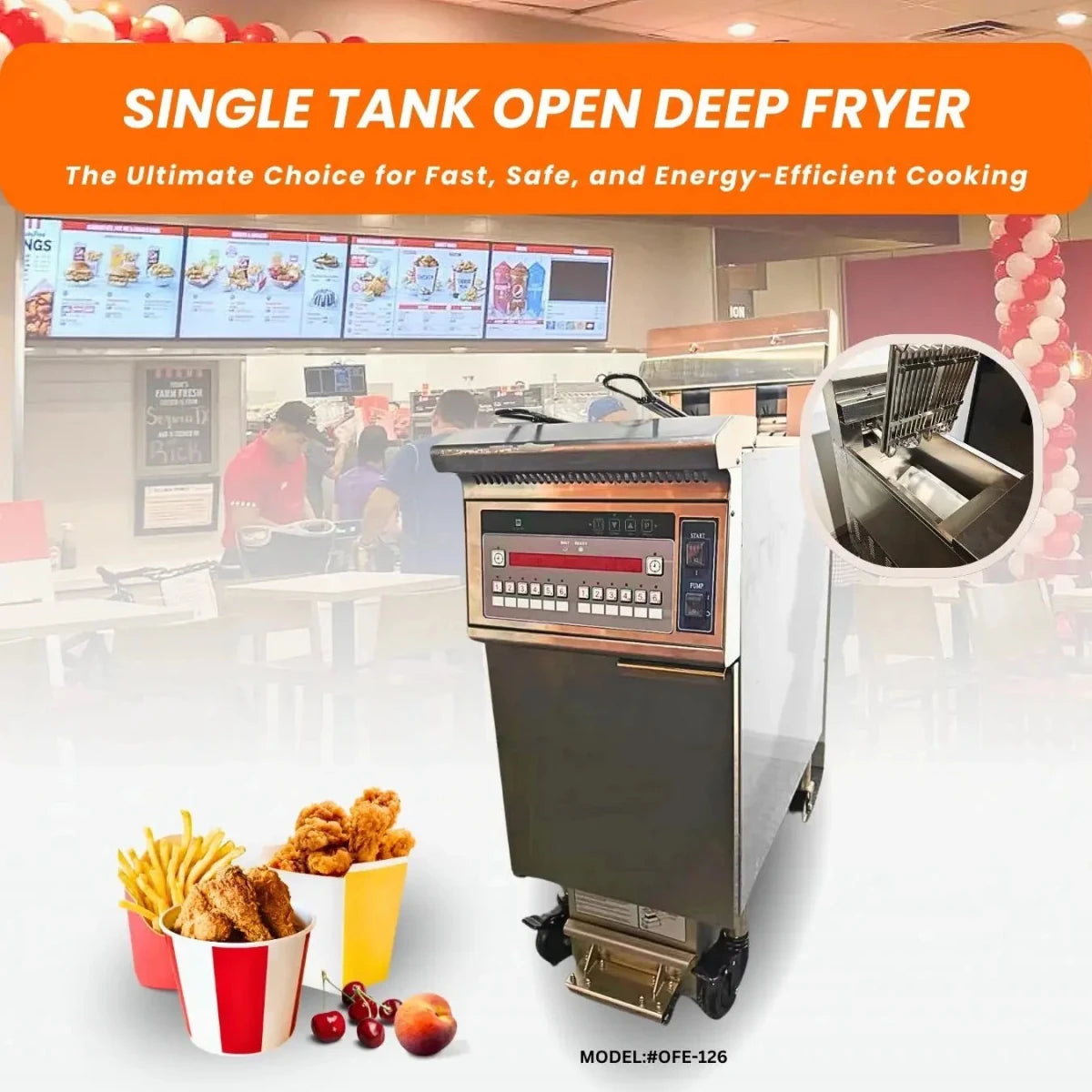 Commercial electric deep fryer cooking perfectly crispy fried chicken and french fries for fast food chains.