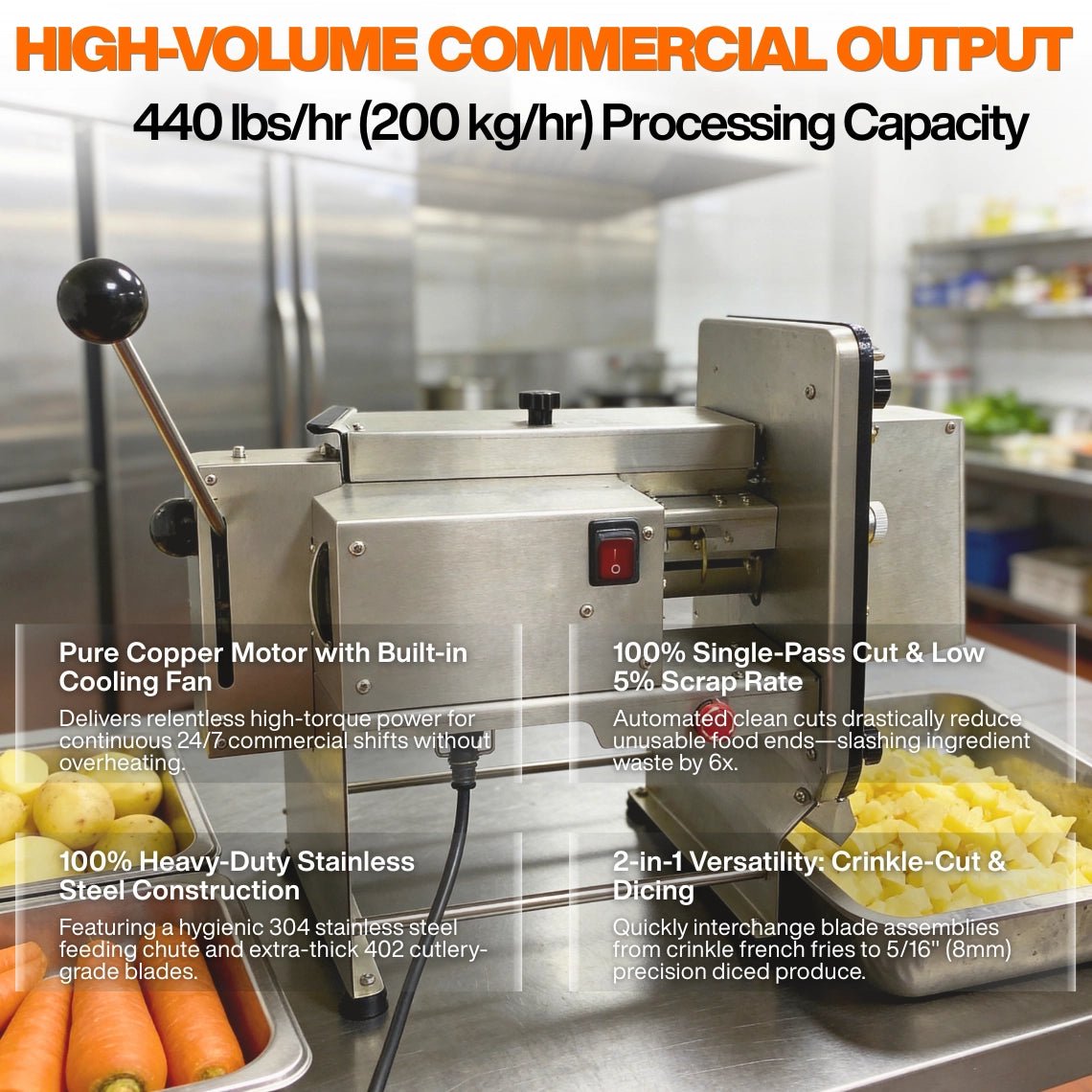 Industrial kitchen machine processing 440 lbs per hour with an electric crinkle french fry cutter featuring a pure copper cooling motor and 5 percent scrap rate.