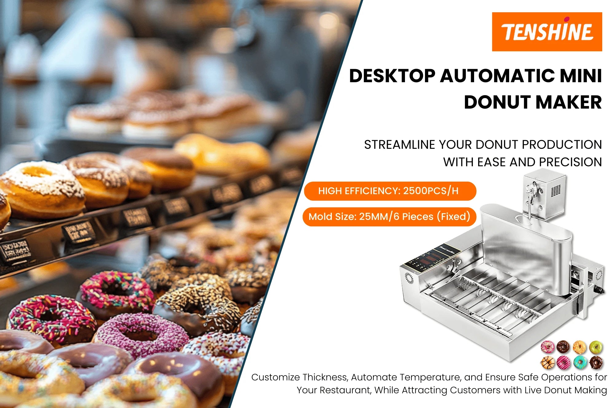 High-volume commercial donut maker machine delivering 2500 pieces per hour for professional bakery display cases