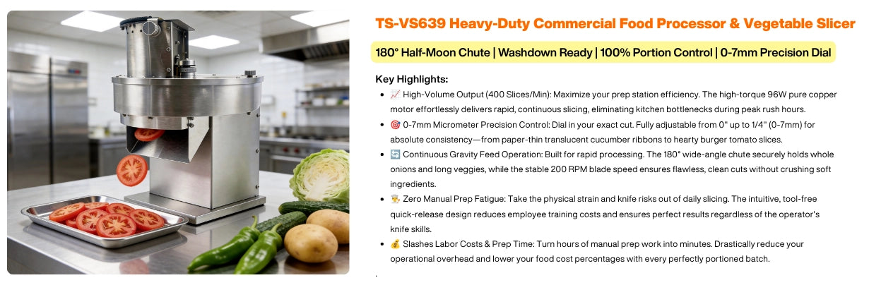 Key highlights of the Tenshine heavy-duty commercial food slicer, emphasizing 100 percent portion control, 0 to 7mm micrometer precision, and zero manual prep fatigue.