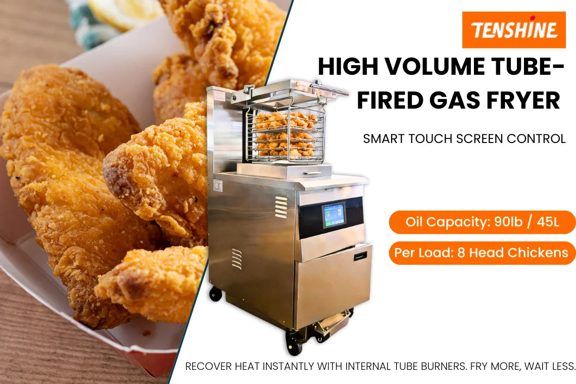 Tenshine OFG-5910 High Volume Commercial Gas Open Fryer. Features 45L (90lb) oil capacity, holding 8 head chickens per load. Smart touch screen model with fried chicken display.