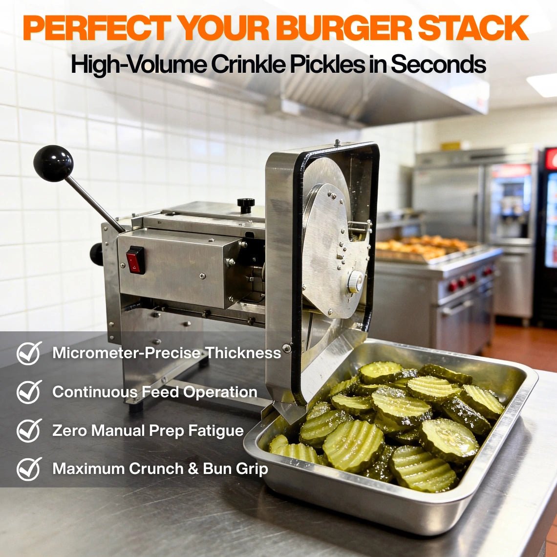 Commercial crinkle cutter operating in a restaurant kitchen slicing perfect corrugated pickles for burger stacks.