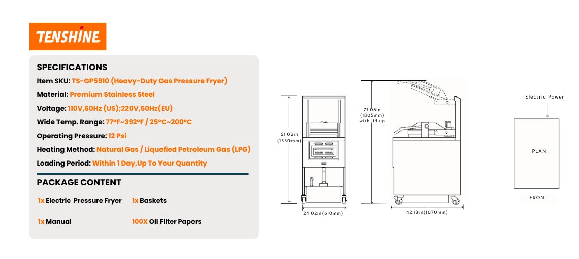 Product dimensions, 12 Psi operating pressure, and schematic layout diagrams for the Tenshine TS-GP5910 high-volume gas pressure fryer.