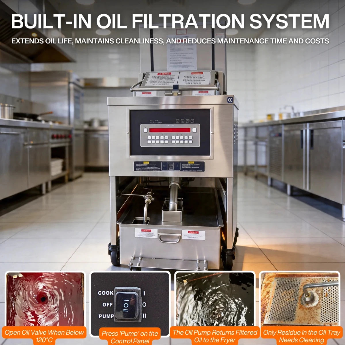 Bottom view of the built-in oil filtration system on the Tenshine TS-GP5910 high-volume gas pressure fryer, showing the easy-to-clean oil tray.