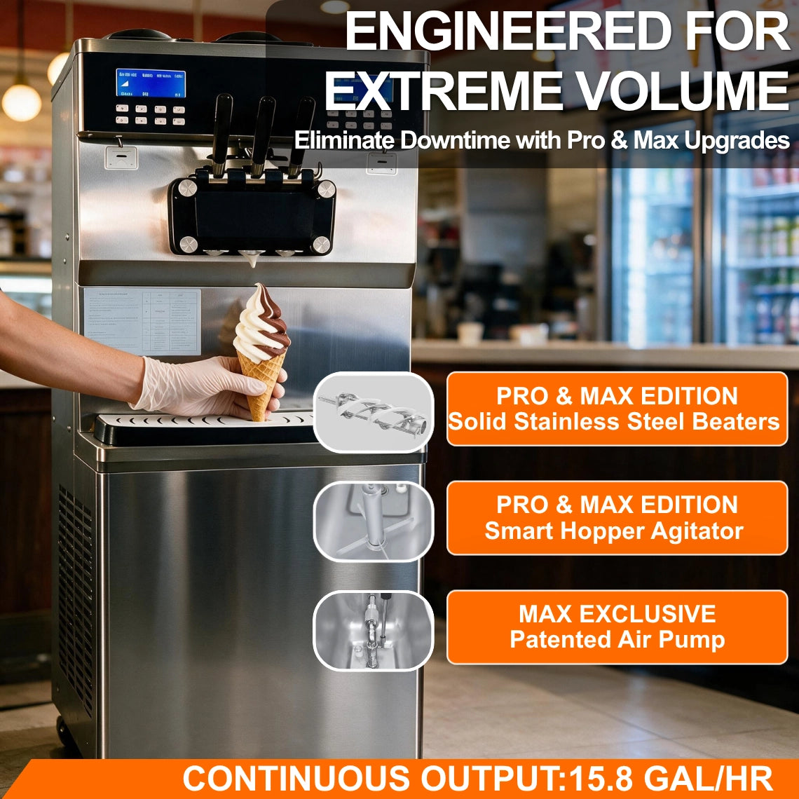 Engineered for extreme volume: Pro and Max upgrades for this high-volume ice cream machine include smart agitators and air pumps to eliminate downtime.