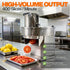 Industrial food slicer machine in a busy commercial kitchen outputting 400 slices per minute, demonstrating rapid continuous feed for tomatoes and lemons.