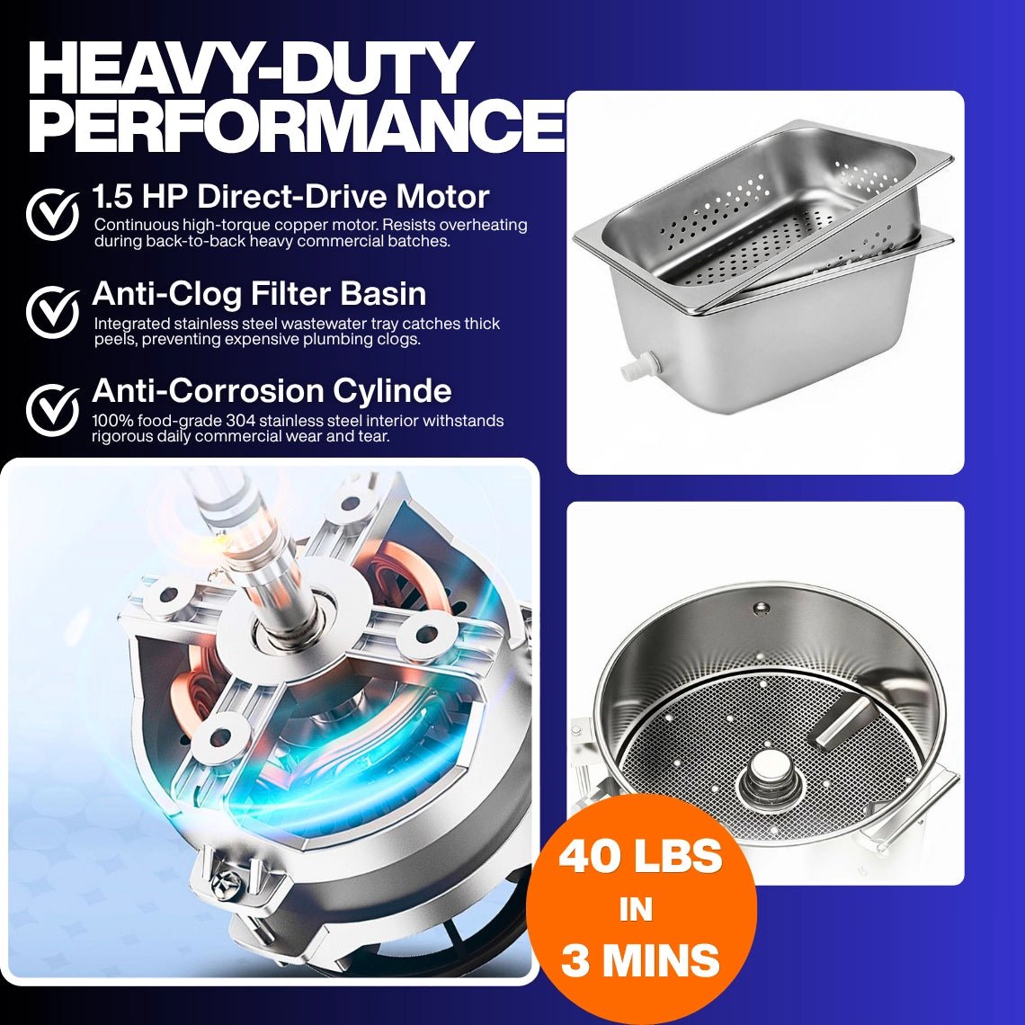 High-volume potato peeler machine internal components showing the continuous 1.5 HP direct-drive motor and anti-clog stainless steel filter basin.