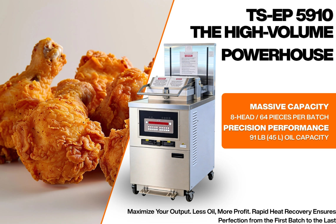 Tenshine TS-EP5910 high-volume electric pressure fryer alongside crispy fried chicken, highlighting its massive 8-head capacity and precision performance.